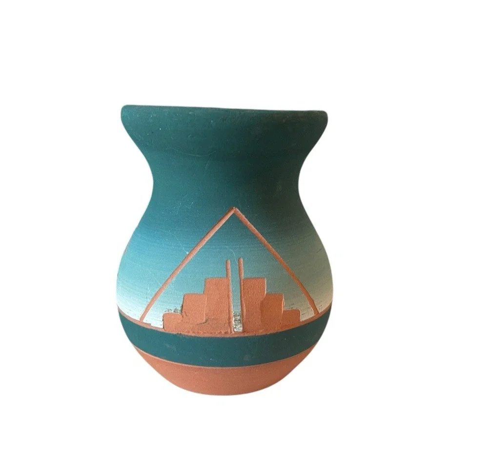 Native American Sioux Lakota Pottery Vase Teal Terracotta Hand Painted Matte